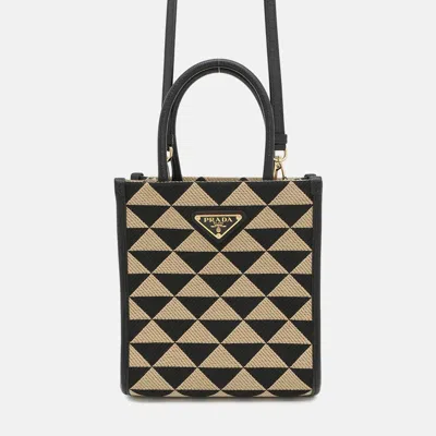 Pre-owned Prada Symbol Embroideryfabric Mini Bag Black/beige Canvas In Sand