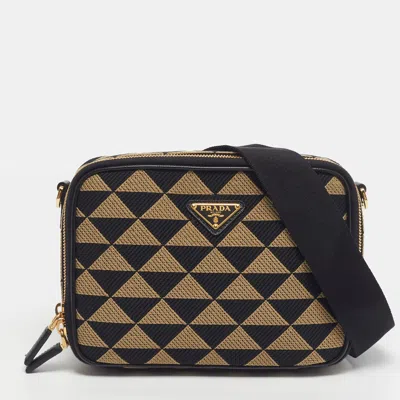 Pre-owned Prada Symbole Beige/black Embroidered Canvas Shoulder Bag In Sand