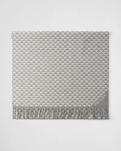 Prada Symbole Double Wool And Cashmere Stole In Gray/white