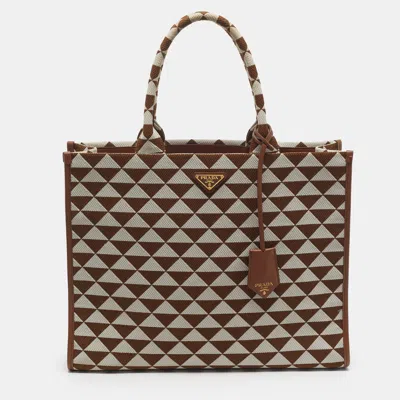 Pre-owned Prada Symbole Embroidered Brown Jacquard Tote