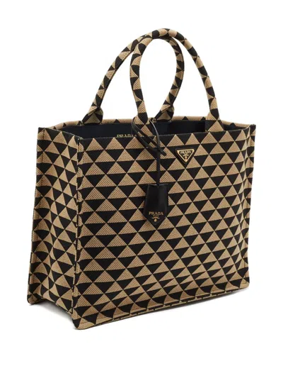 Pre-owned Prada Symbole Embroidered Fabric Tote Bag In Black