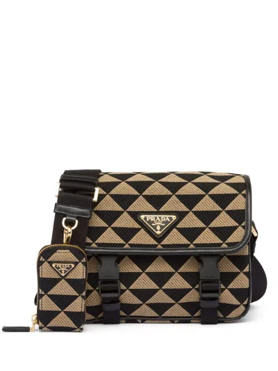 Prada Symbole Embroidered Messenger Bag In F0y30 Black/beige