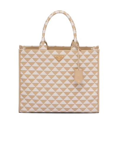 Prada Large  Symbole Embroidered Fabric Handbag In Nude