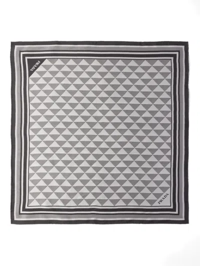 Prada Symbole Geometric-motif-printed Silk Scarf In Gray