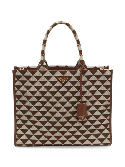 Pre-owned Prada Symbole Jacquard Tote Bag In Brown