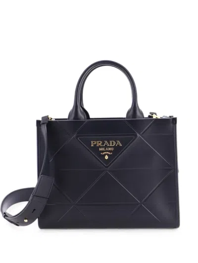 Pre-owned Prada Symbole Shopper Embossed Leather Small Tote Bag In Black