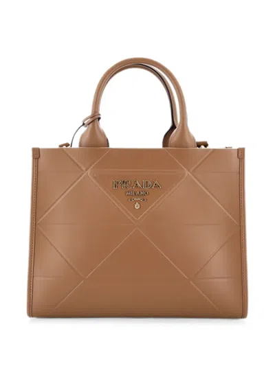 Pre-owned Prada Symbole Shopper Embossed Leather Small Tote Bag In Brown