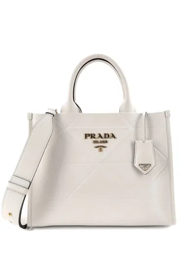 Pre-owned Prada Symbole Shopper Embossed Leather Small Tote Bag In White