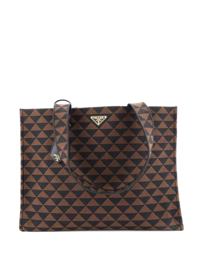 Pre-owned Prada Symbole Shopper Jacquard Horizontal Tote Bag In Brown