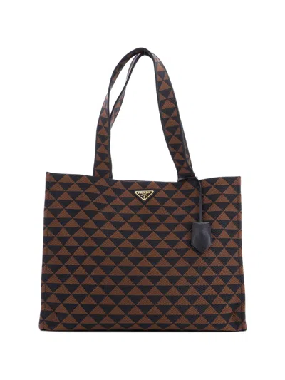 Pre-owned Prada Symbole Shopper Jacquard Horizontal Tote Bag In Brown