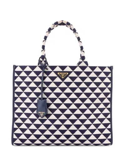 Pre-owned Prada Symbole Shopper Jacquard Large Tote Bag In Blue