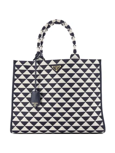 Pre-owned Prada Symbole Shopper Jacquard Large Tote Bag In Blue