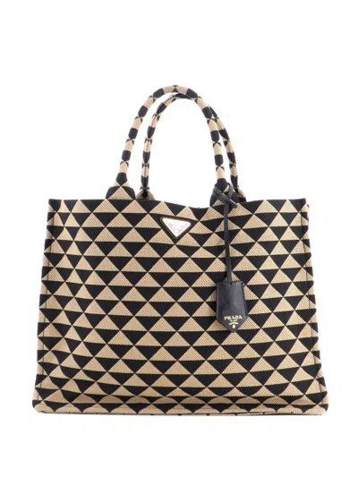 Pre-owned Prada Symbole Shopper Jacquard Large Tote Bag In Brown