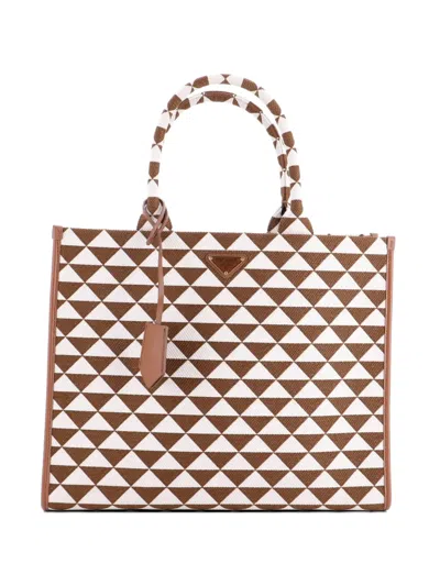 Pre-owned Prada Symbole Shopper Jacquard Large Tote Bag In Brown