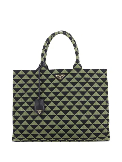 Pre-owned Prada Symbole Shopper Jacquard Large Tote Bag In Green