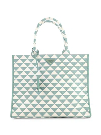 Pre-owned Prada Symbole Shopper Jacquard Large Tote Bag In Green