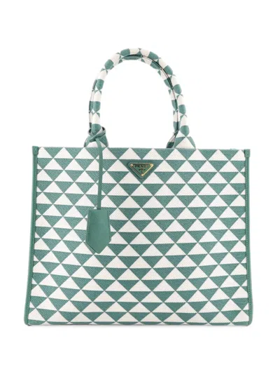 Pre-owned Prada Symbole Shopper Jacquard Large Tote Bag In Green