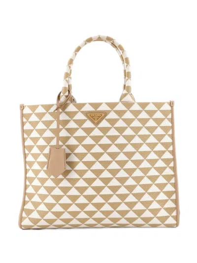 Pre-owned Prada Symbole Shopper Jacquard Large Tote Bag In Neutrals
