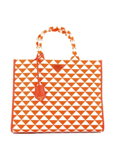Pre-owned Prada Symbole Shopper Jacquard Large Tote Bag In Orange