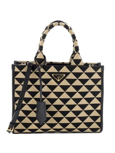 Pre-owned Prada Symbole Shopper Jacquard Small Tote Bag In Black