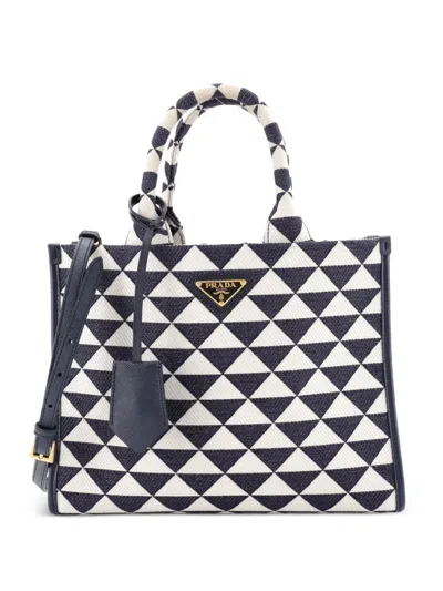 Pre-owned Prada Symbole Shopper Jacquard Small Tote Bag In Blue