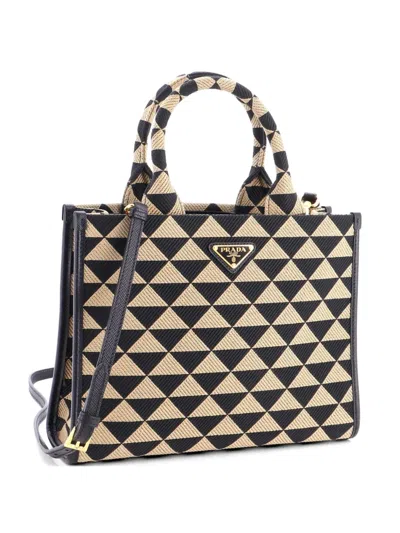 Pre-owned Prada Symbole Shopper Jacquard Small Tote Bag In Brown
