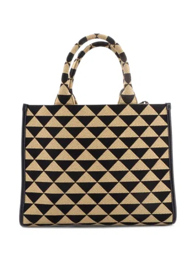Pre-owned Prada Symbole Shopper Jacquard Small Tote Bag In Brown