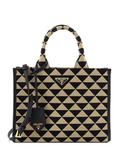 Pre-owned Prada Symbole Shopper Jacquard Small Tote Bag In Neutral