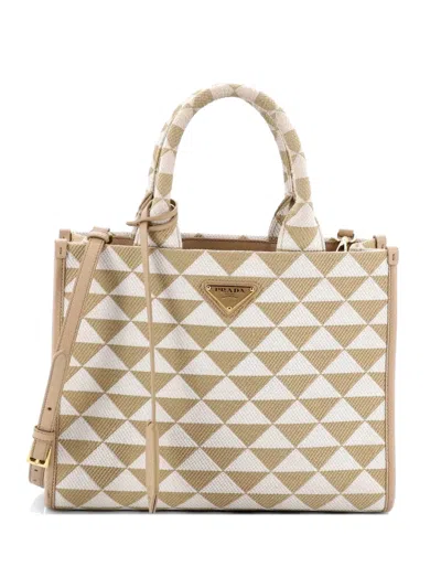 Pre-owned Prada Symbole Shopper Jacquard Small Tote Bag In Neutral