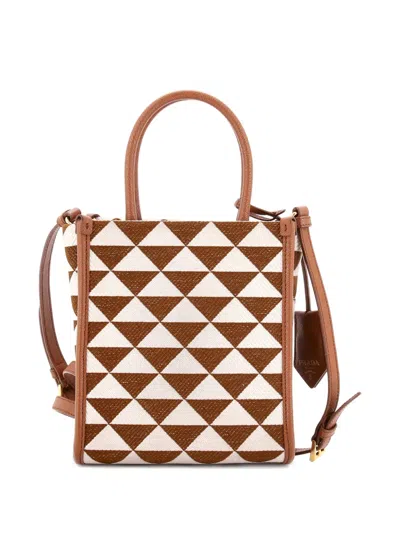 Pre-owned Prada Symbole Shopper Tote Jacquard Mini Crossbody Bag In Brown