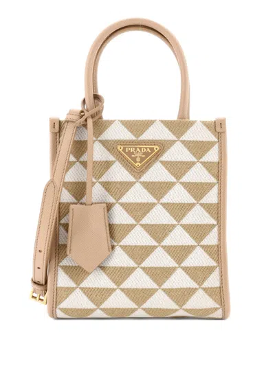 Pre-owned Prada Symbole Shopper Tote Jacquard Mini Crossbody Bag In Neutral