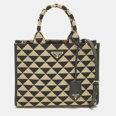 Pre-owned Prada Symbole Small Beige/black Embroidered Canvas Tote In Sand