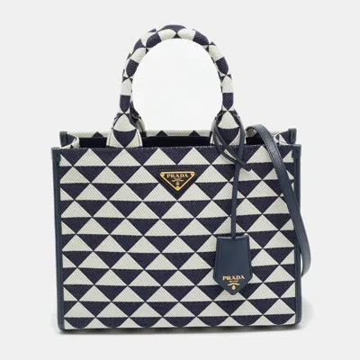 Pre-owned Prada Symbole Small Navy Blue/chalk White Triangle Jacquard Canvas Tote