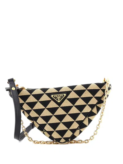 Pre-owned Prada Symbole Triangle Bag Leather And Jacquard Mini Shoulder Bag In Black