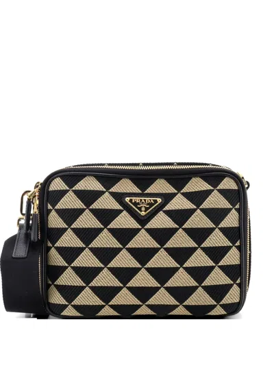 Pre-owned Prada Symbole Zip Around Shoulder Bag Jacquard Crossbody Bag In Black