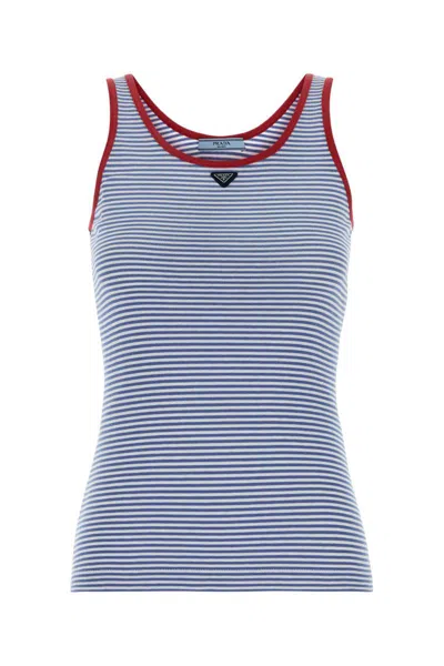 Prada Womens Light Blue Striped Triangle-logo Cotton-jersey Tank Top