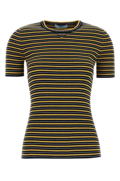Prada Embroidered Stretch Cotton Striped Crew T Shirt In Multi