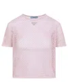 Prada Triangle Logo Net Cropped T-shirt In Pink