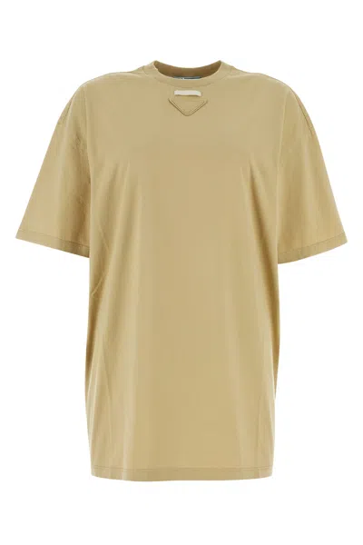 Prada Crew Neck Cotton T-shirt With Logo Patch In Beige