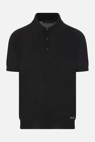 Prada Short Sleeve Polo Collar Ribbed Cuffs Sweater In Blue