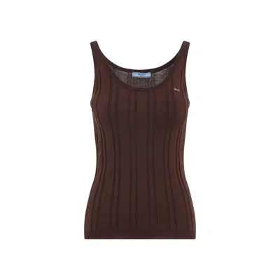 Prada Ribbed Knit Tank Top Scoop Neckline In Brown