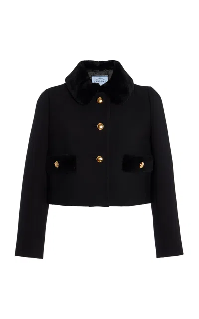 Prada Womens Black Natté Single-breasted Cropped Wool Jacket