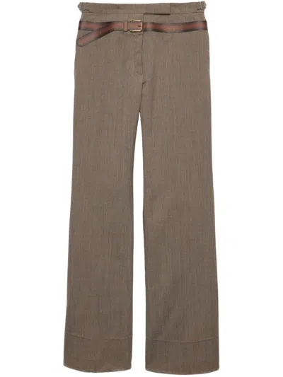 Prada Tailored Wide Leg Trousers With Contrasting Belt Detail In Brown
