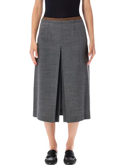 Prada Tailored Wool Midi Skirt With Front Slit In Multi