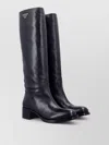 Prada Tall Leather Logo Boots Low Heel In Blue