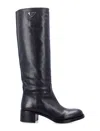 Prada Tall Leather Logo Boots Low Heel In Blue