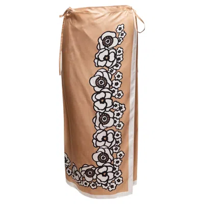 Pre-owned Prada Tan & Multicolor  Silk Floral Print Wrap Skirt Size It 38 In Brown
