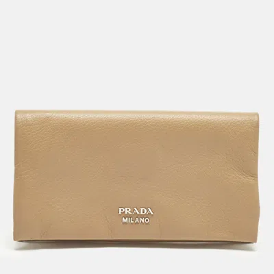 Pre-owned Prada Tan Cervo Leather Continental Wallet In Brown