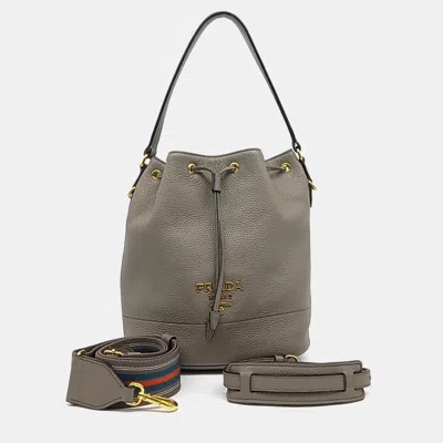 Pre-owned Prada Tan Leather Vitello Dino Bucket Bag In Brown