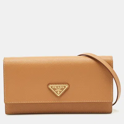 Pre-owned Prada Tan Saffiano Metal Leather Tringale Logo Flap Wallet On Strap In Brown